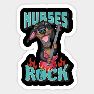 Nurses Rock with dachshund doxie dog and guitar on a tee Sticker